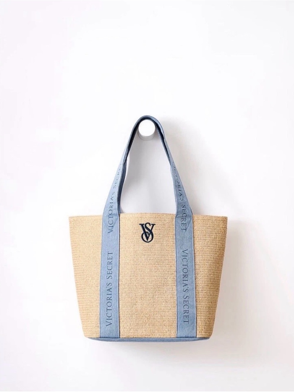 Victoria's Secret Natural Straw Tote with Light Blue Straps and Navy Logo
